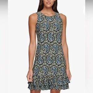 Tommy Hilfiger Paisley Sleeveless Shift Dress Ruffle Hem Crew Neck Size 14